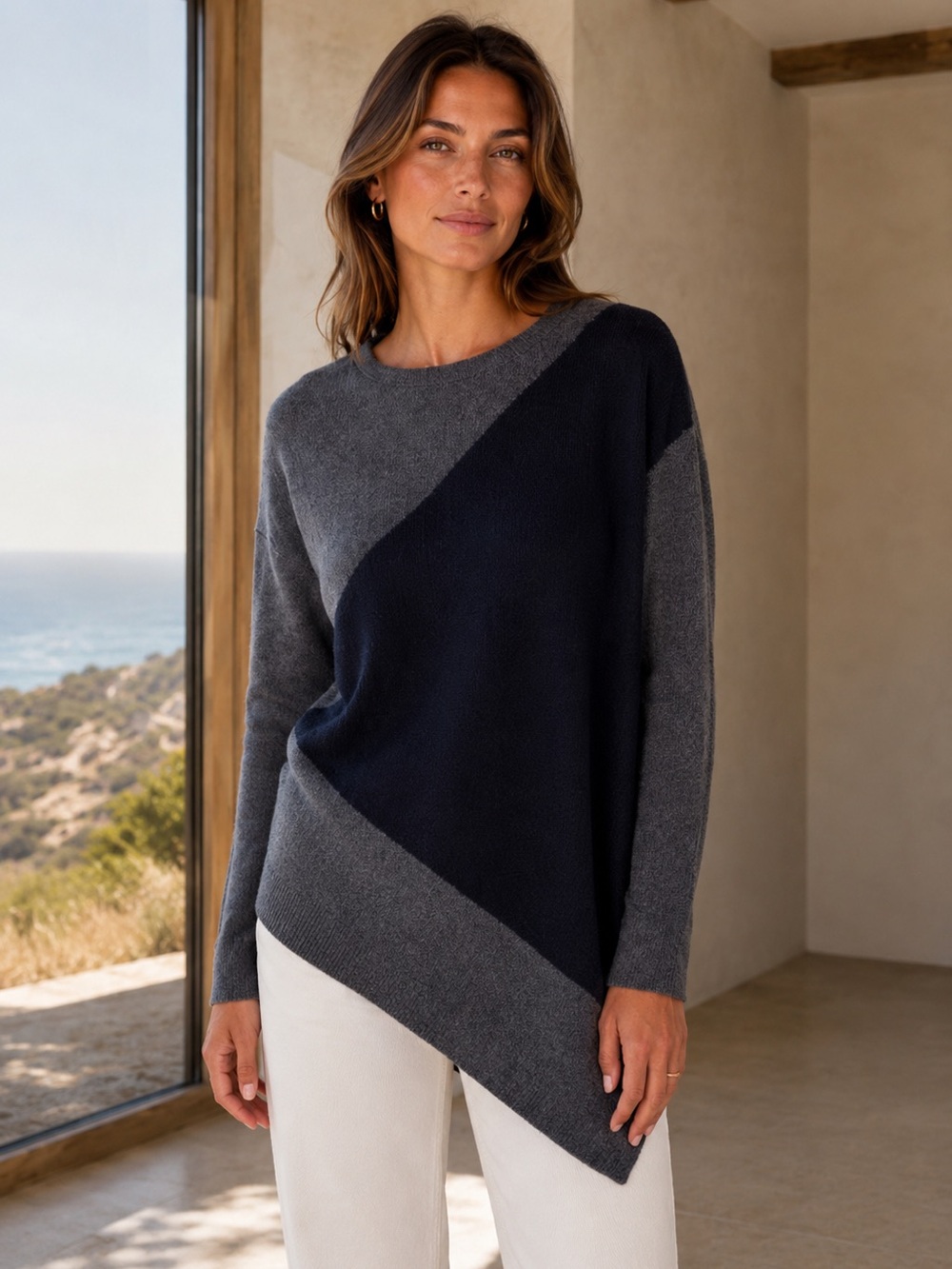 Peck & Peck Cashmere Colorblock Asymmetric Sweater Black Gray M